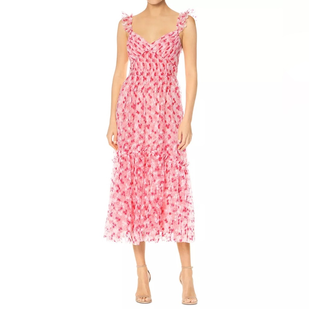 ML Monique Lhuillier Floral Embroidered Mesh Pink & White Midi Dress | Size 10
